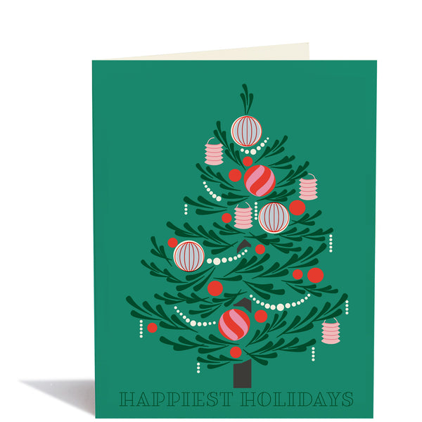 Greeting card with a Christmas tree design and 'Happiest Holidays' text on a green background