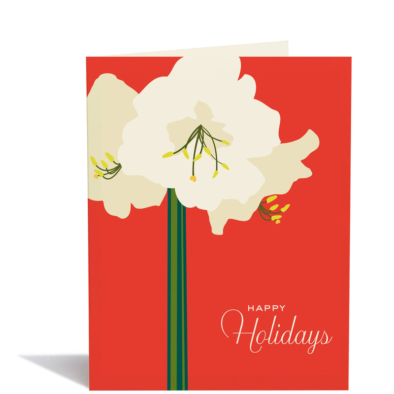Bold white flowers on a saturated red background reading "Happy Holidays"